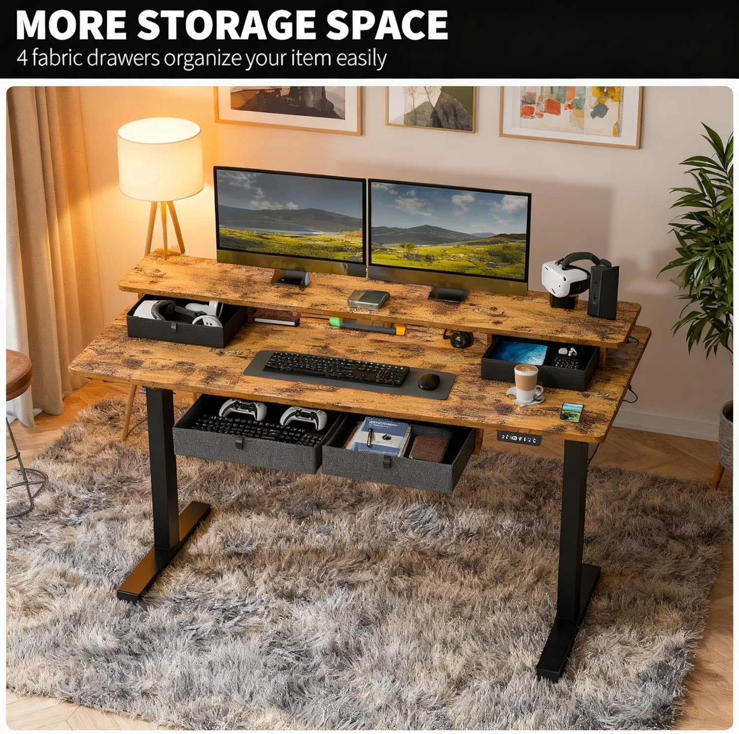 Standing Desk with Fast Charging USB Ports, 48" x 30" Width Worktop Desk, 4 Drawers Ergonomic Sit Stand Desk for Home Office Work, Cable Management, 3 Preset Heights & 2 Hooks(Rustic Brown)