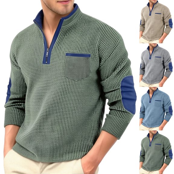 cllios Quarter Zip Pullover Men Waffle Long Sleeve Mock Neck Sweatshirt Solid Color Casual Sweatshirts No Hood Loose Fit Basic Sweatshirts Blue S-XXXL