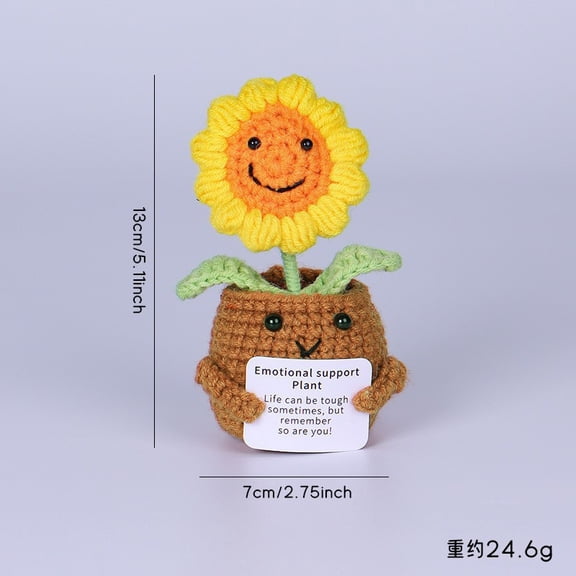 Handmade Emotional Support Smiling Sunflower Potted Plants, Positive Crochet Doll with Card, Inspirational Small Knitted, Funny Gift for Women Men Birthday Friends Coworkers, Office Decor