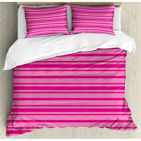 Hot Pink Duvet Cover Set, Horizontal Bold and Thin Stripes in Pink Tones Geometrical Classic Composition, Decorative Bedding Set with Pillow Shams, Pink Hot Pink, by