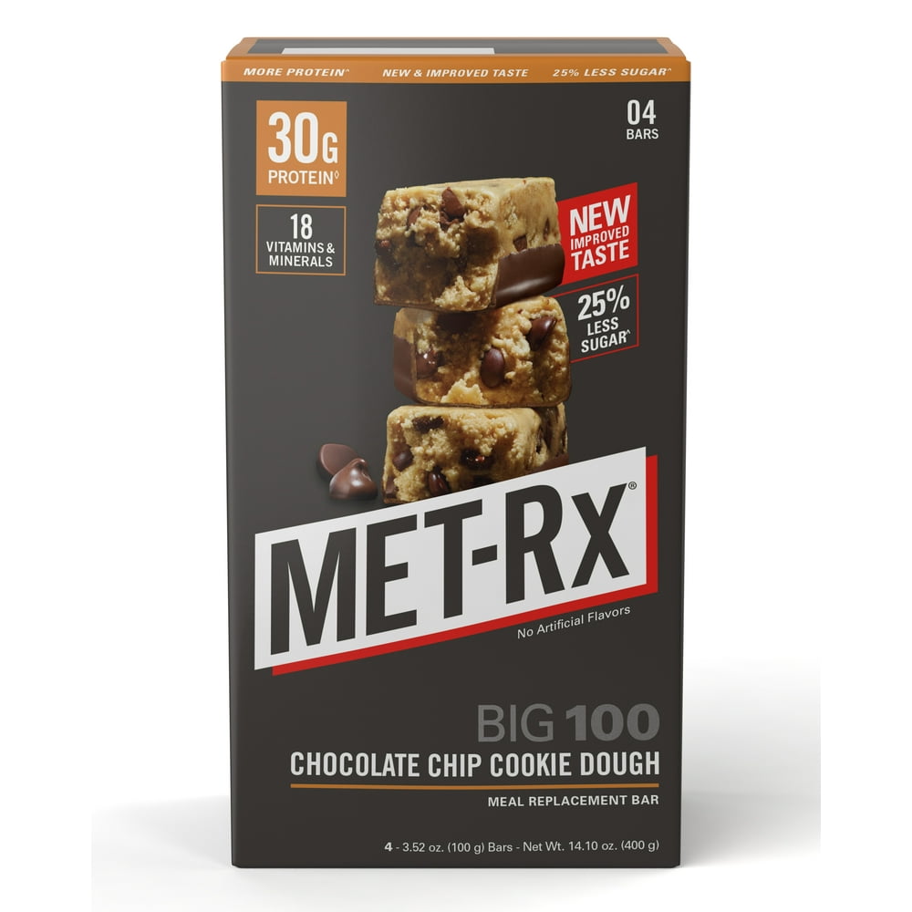 METRx Big 100 Colossal Protein Bar, Chocolate Chip Cookie Dough, 4