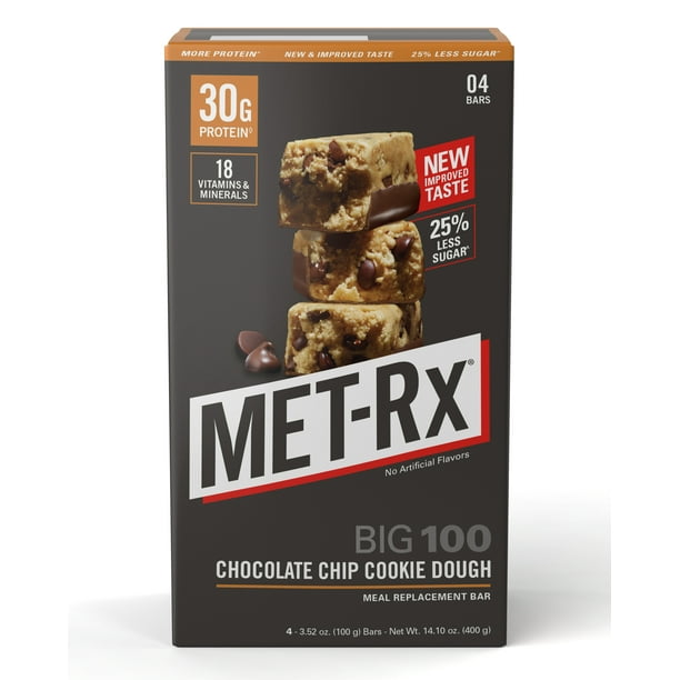 METRx Big 100 Colossal Protein Bar, Chocolate Chip Cookie Dough, 4