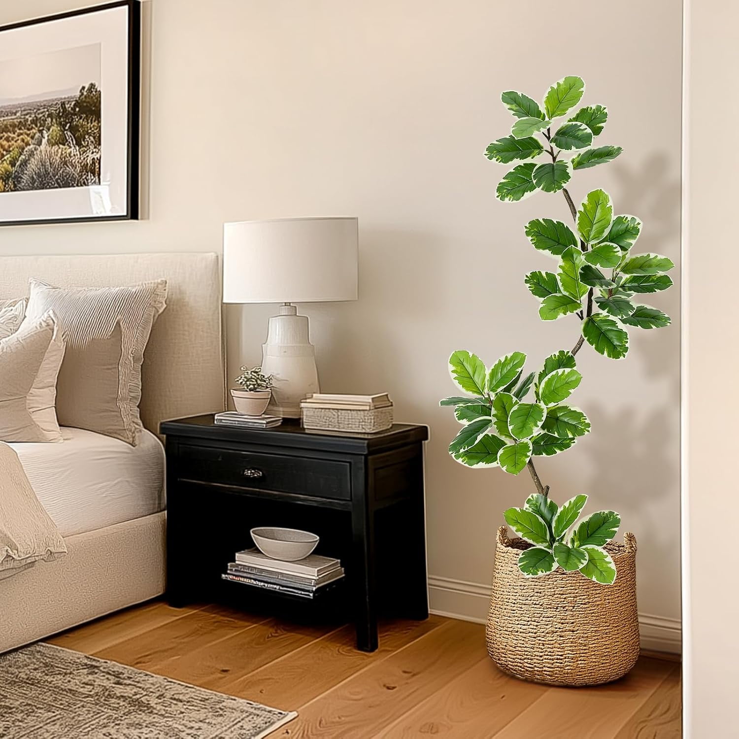 Fiddle Leaf Fig Tree Artificial Indoor, 5 ft Tall Faux Rubber Tree with Sphere Planter, Tall Artificial Plants with Moss for Home Decor Office Living Room