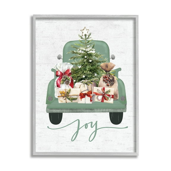 Stupell Industries Rustic Gift Truck with Joy Holiday Painting Gray Framed Art Print Wall Art, 16 x 20