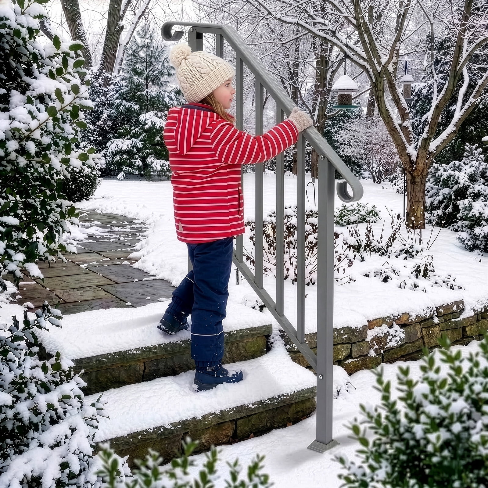 Silver Powder Coated Galvanized Iron Curved Stair Handrail Fit 2 Steps Outdoor Garden Picket Step Safety Railing With Full Installation Hardware