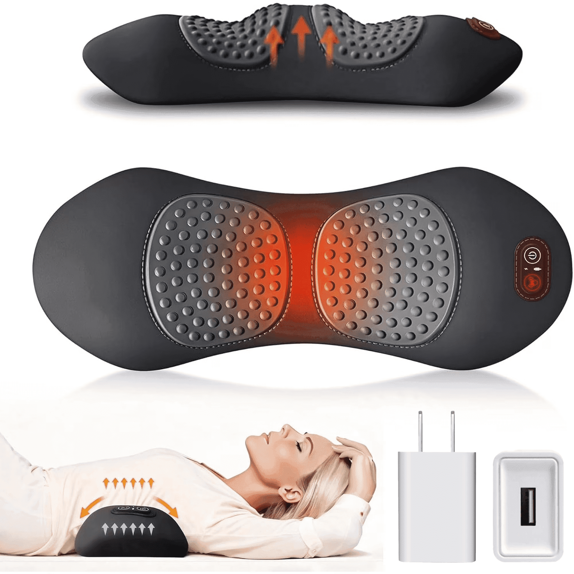Triple Fusion Back Massager with heat, vibration, and traction relieves lower back pain and provides spinal support.