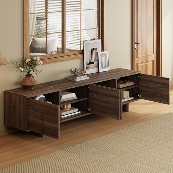 Mid-Century TV Stand for TVs Up to 85", Wood Media Console with 4 Soft-Close Doors, Adjustable Shelves, Cable Management for Clutter-Free Living Rooms, Solid Wood Base