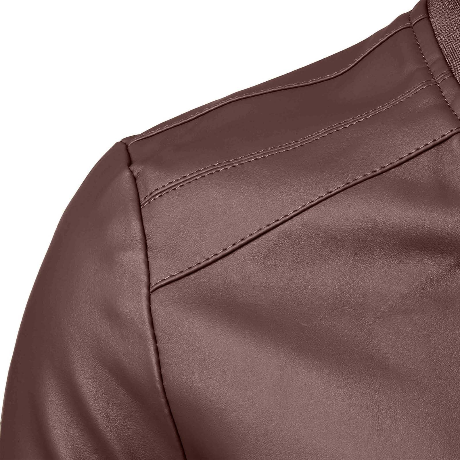 RYDCOT Men Solid Color Leather Jacket Outerwear Fashion PU Leather Long Sleeved Stand Collar Coat Brown
