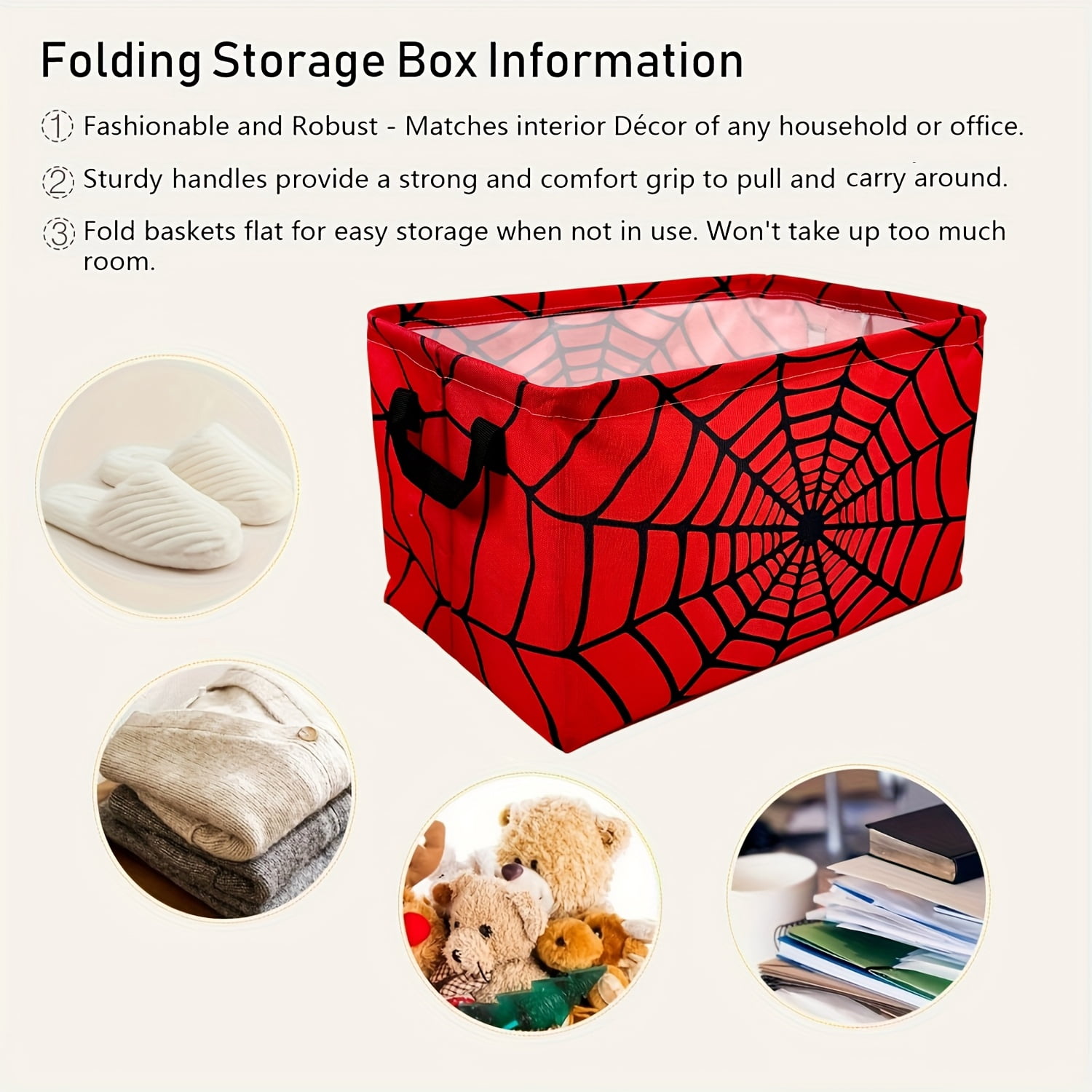 Spider Web Print Red Large Foldable Laundry Basket - Durable Polyester Material, Modern Style Open Design, Multi-functional Storage Basket for Home Use, Easy-grip Handle, Storage Rack Basket