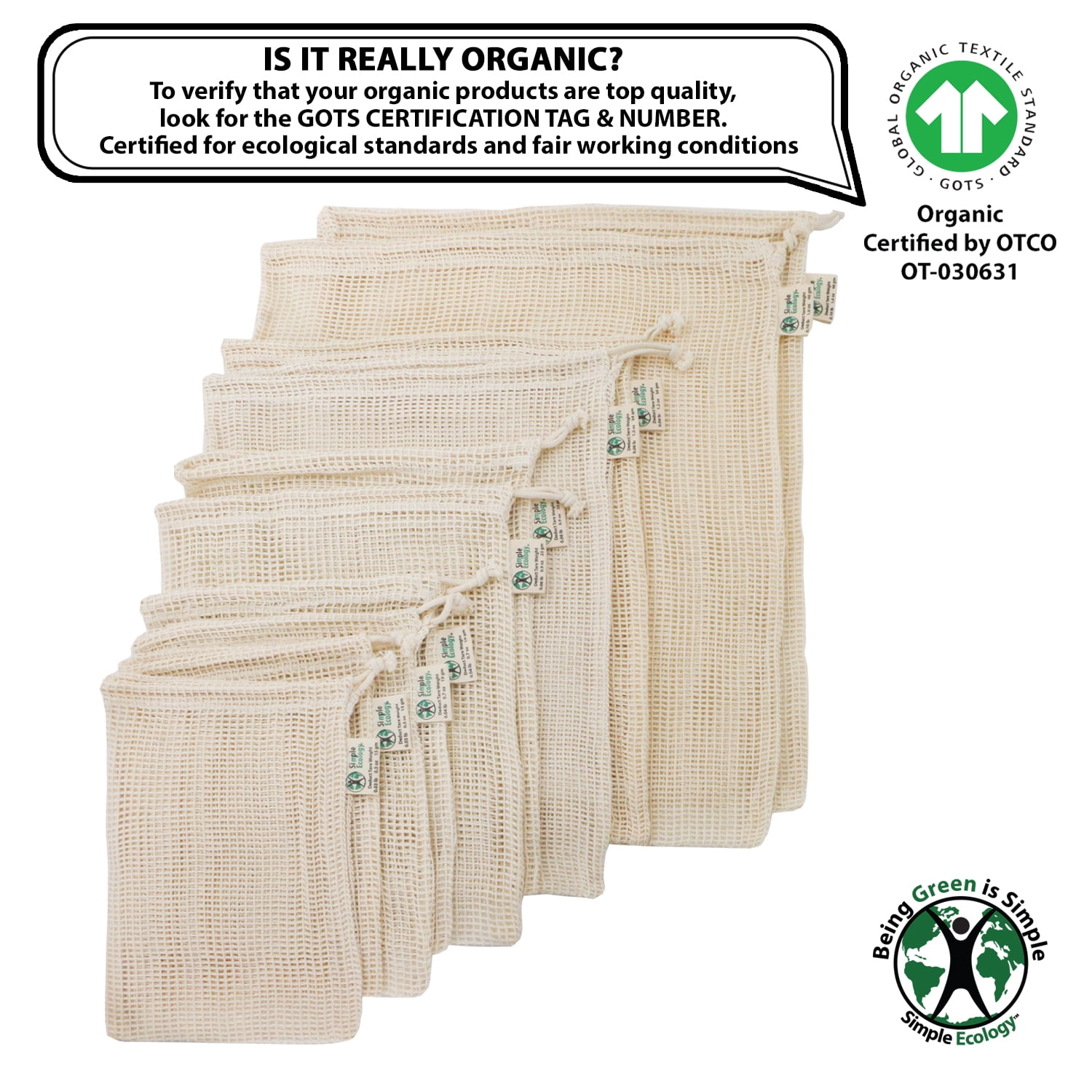 Simple Ecology Organic Cotton Mesh Reusable Grocery Shopping Produce Bags - Set of 10 (2 ea. XL, L, M, S, XS)