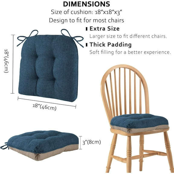 Soft and Comfortable Dining Chair Cushions Set of 4, 18x18x3 Inches with Ties and Non-Slip Backing, Blue