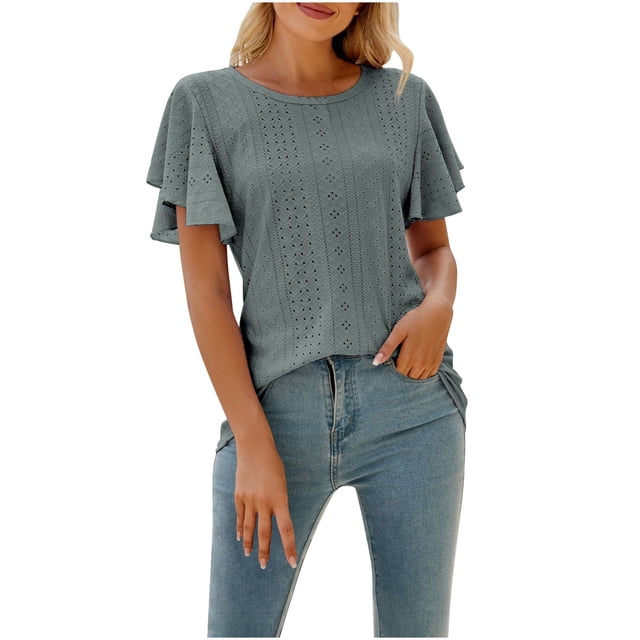 AherBiu Hauts pour Femmes Broderie Œillet Décontracté Chic Col Rond Manches à Volants Blouses Amples Tuniques Hauts