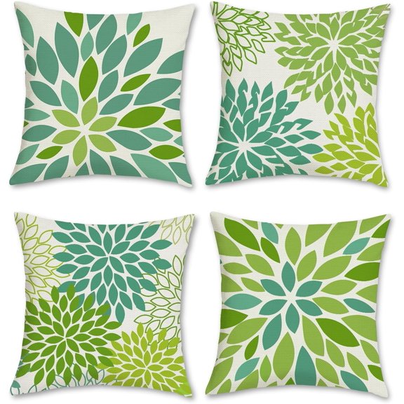 Green Geometric Pillow Covers 18 x 18 Inch Set of 4 Dahlia Pinnata Spring Floral Decorative Throw Pillow Cases Linen Outdoor Cushion Covers for Sofa Couch Car Bedroom Home Decor