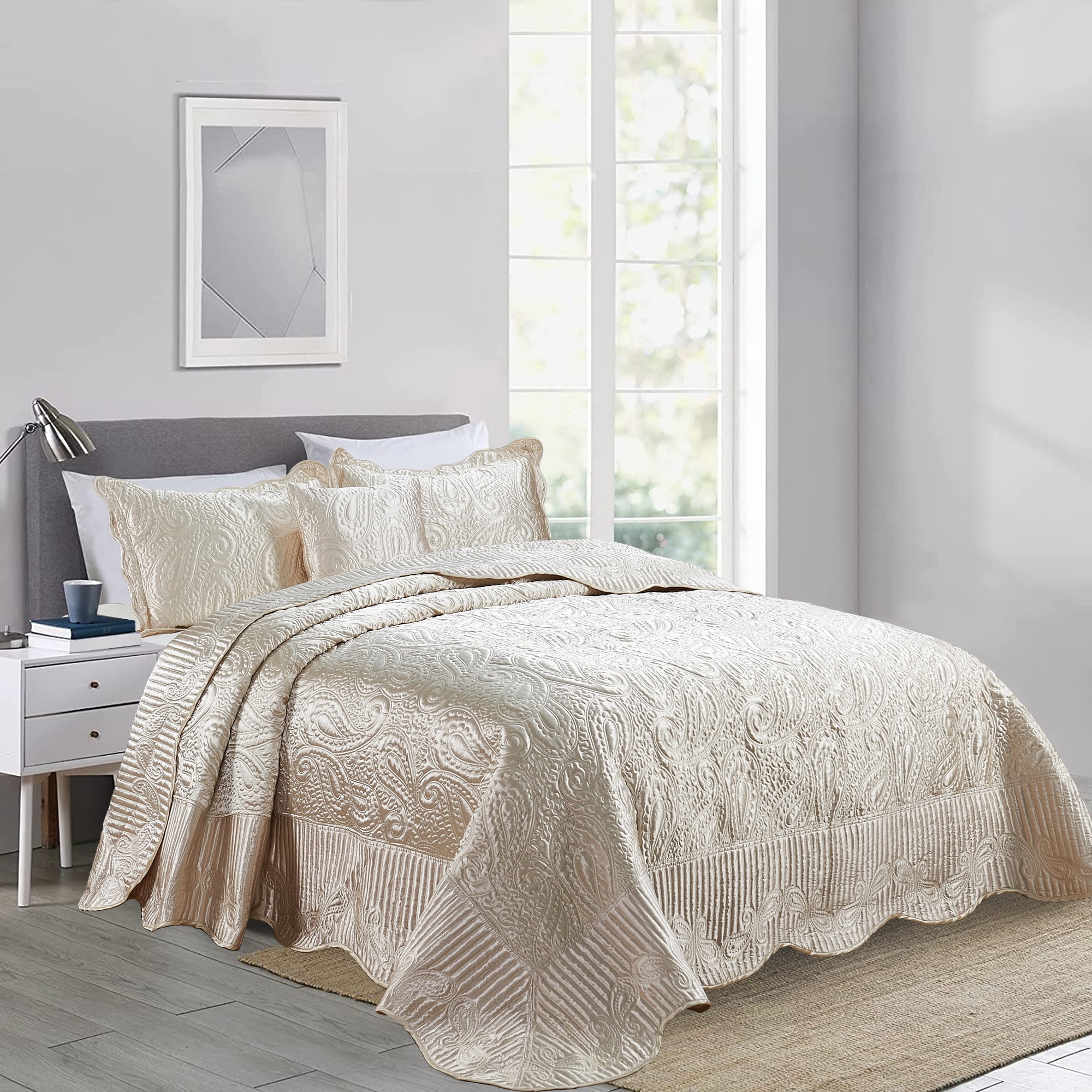Home Soft Things 4 Piece Quilted Satin Bedspread Set - Champagne ...