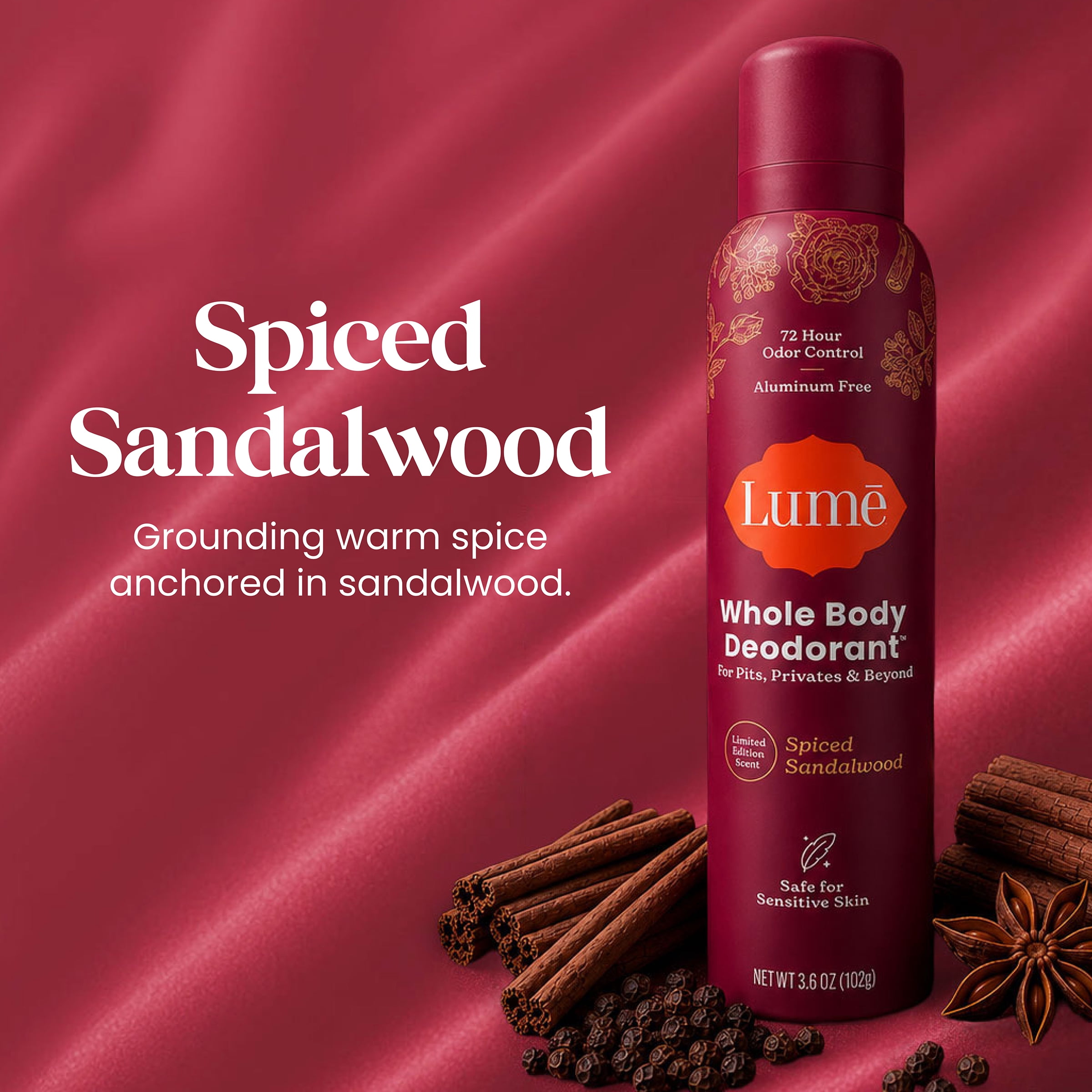 Lume Whole Body Aluminum Free Deodorant Spray, Spiced Sandalwood, 3.6 oz