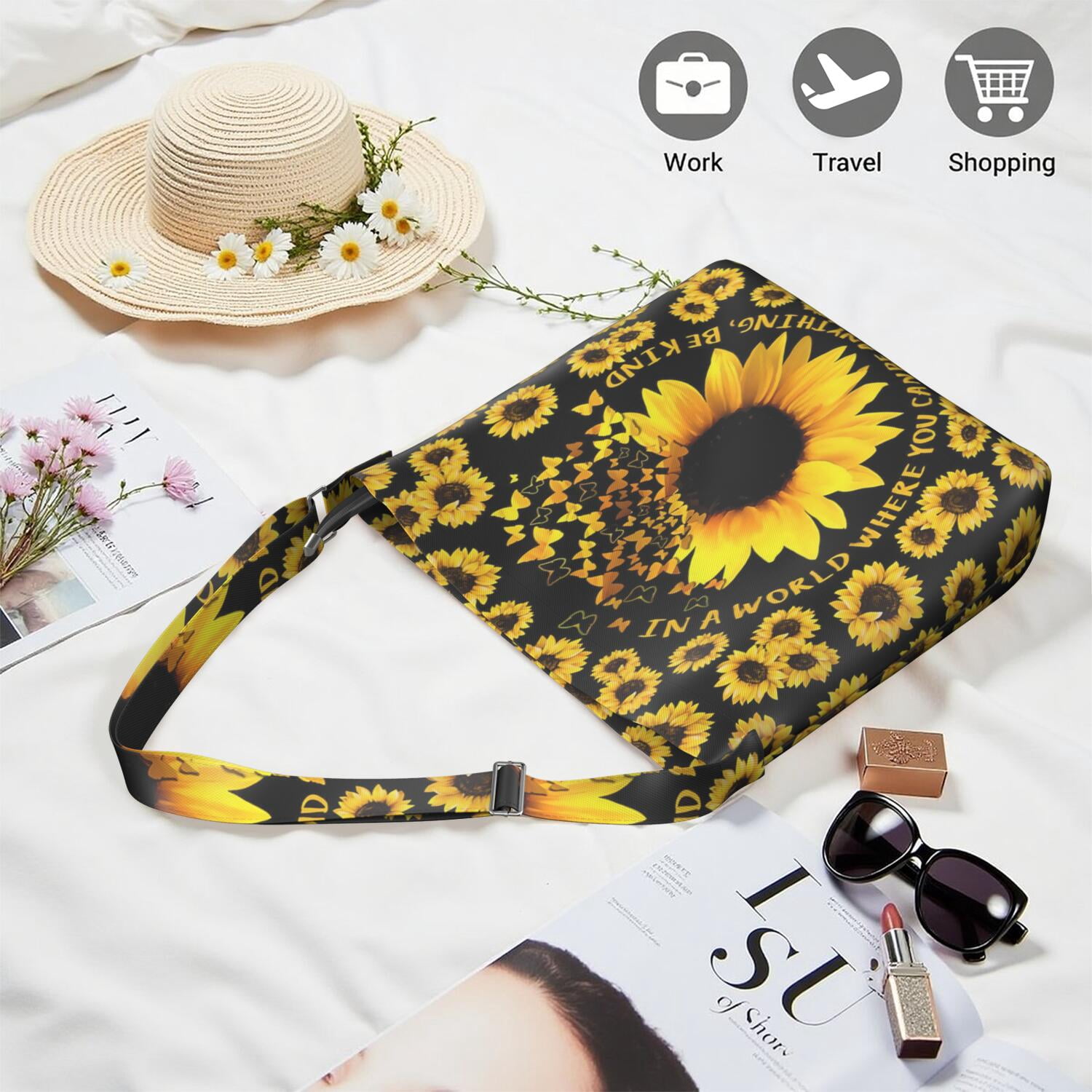 Boho Chic Sunflower and Butterfly Crossbody Bag - Lightweight Fashionable Purse for Women