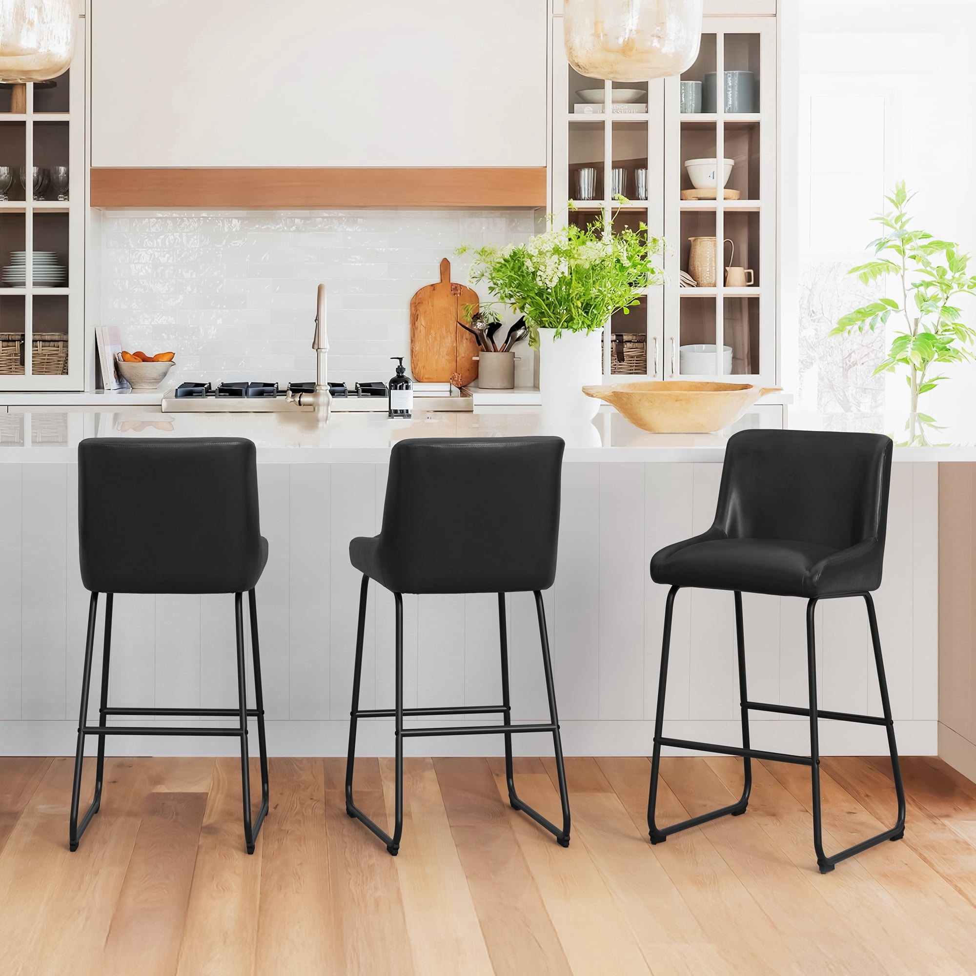 Carolayne 26"Counter Height Bar Stools Set of 3, Faux Leather, 2.5" Cushion, Black
