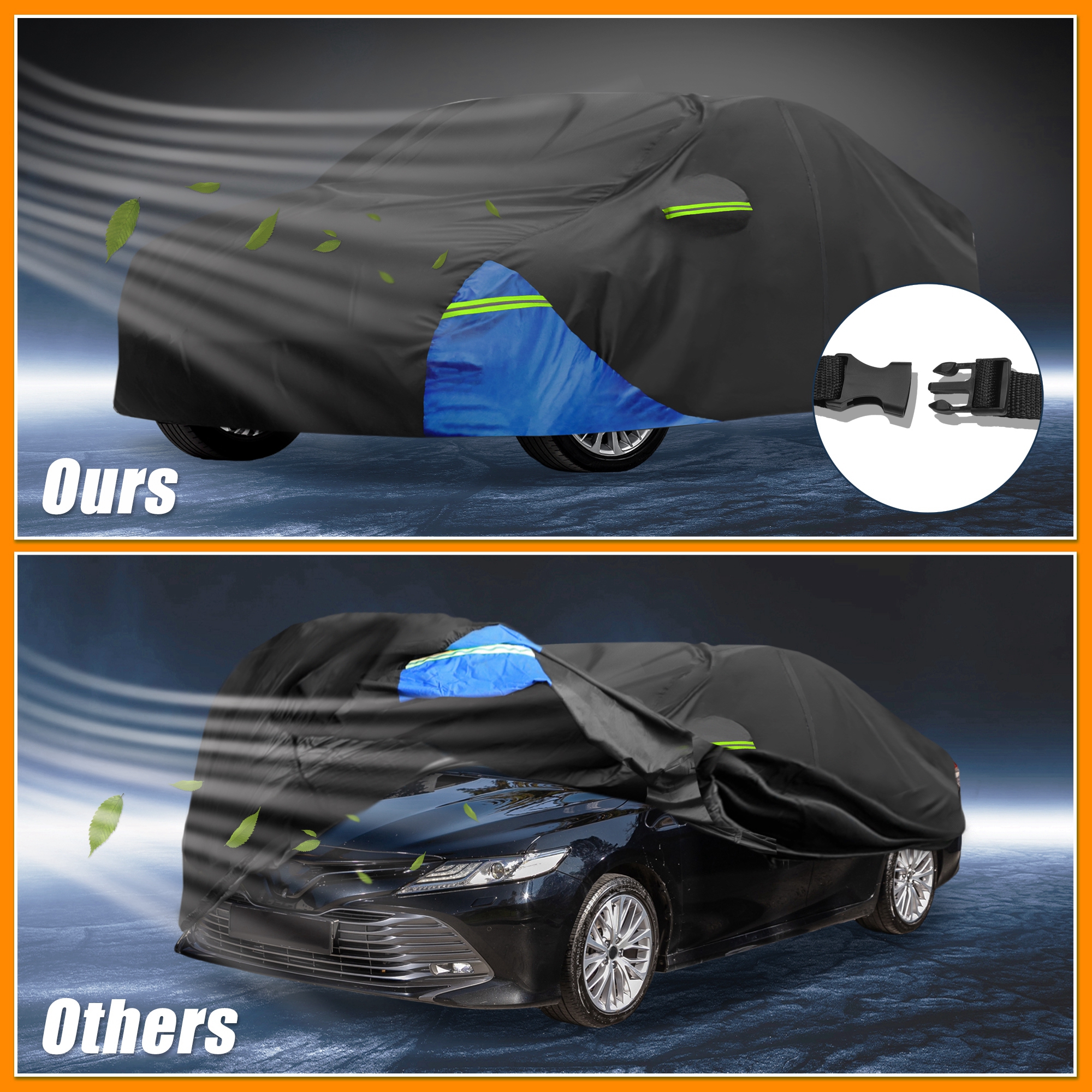 Unique Bargains Full Car Cover 210D Oxford Black Blue 194.88"x72.83"x51.18"