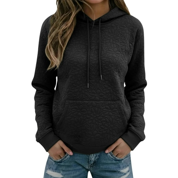 Luwomo Womens' Hoodies Fall Winter Hooded Sweatshirt Long Sleeve Full Floral Print Jacquard Loose Fit Pullover Blouses,Black,L