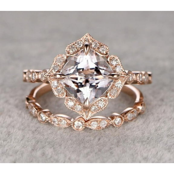 Antique 2.25 Carat 6mm Round Cut Morganite Ring Set with Diamond Moissanites in Rose Gold Bestselling Design