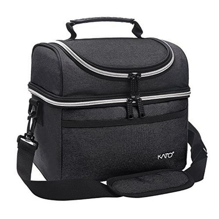 Oxford Fold Over Tote - kato insulated lunch bag, leakproof thermal bento cooler tote for women and men, dual compartment with shoulder strap and front pocket, oxford cloth, black