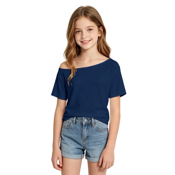 Jamsmile Toddler Girls Tshirts Summer Off Shoulder Casual Solid Color Tee Shirts Daily Wear Basic Children Girls T-Shirts Tops