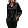 thumbnail image 3 of Frontwalk Ladies Tunic Tops Long Sleeve Blouse Lapel Shirts Women Satin Shirt Button Down Black XL, 3 of 5