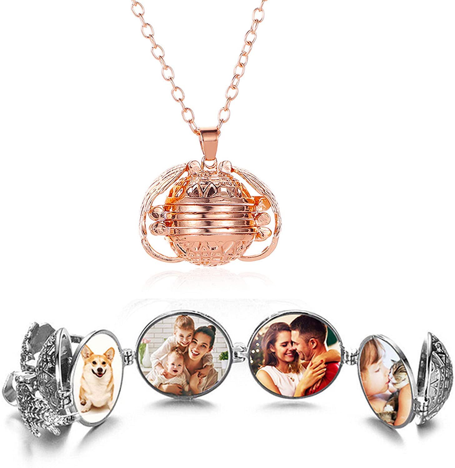 4 Photos Heart Oval Angel Wing Memorial Expanding Locket Necklace Family Gift 