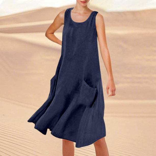 WILLBEST Vestido Lino Mujer Vestido Playero Informal De Verano De Color Liso Sin Mangas Hasta La Rodilla Con Cuello Redondo Y Bolsillos Para Vacaciones, Viajes Y Uso Diario