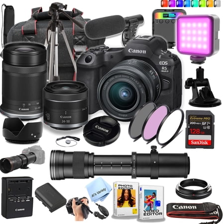 Canon EOS R5 Mark II 45 MP Full-Frame Mirrorless Camera with 24-50mm & 55-210mm Lenses + 420-800mm Lens + 128GB Extreme Card Case Mic RGB Light Tripod