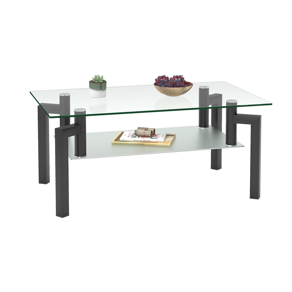 Glass Coffee Table, Rectangle Clear Coffee Table, Modern Side Center Tables for Living Room