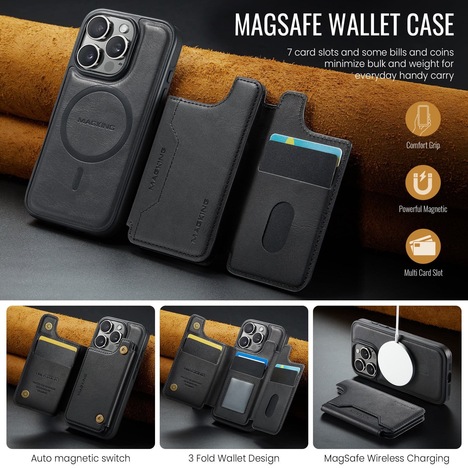 Designed for iPhone 16 Pro Max Wallet Phone Case,Magnetic Detachable Flip Card Holder,Back Flip Kickstand,Compatible with Mag-Safe,2-in-1 PU Leather Heavy Duty Shockproof Phone Case,Black