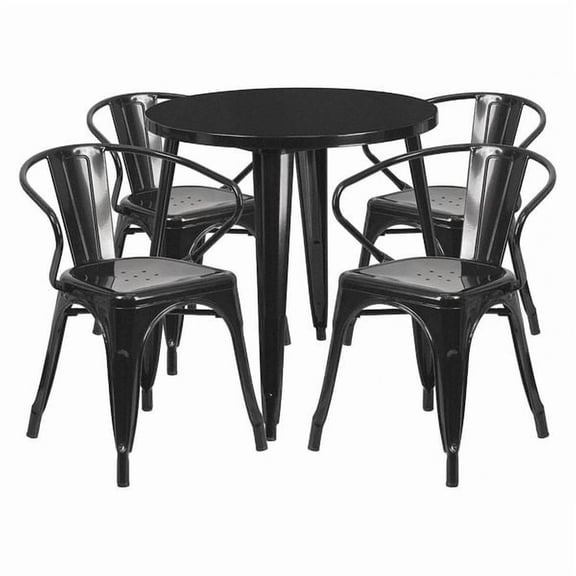 Flash Furniture Commercial Grade 30" Round Black Metal Indoor-Outdoor Table Set with 4 Arm Chairs