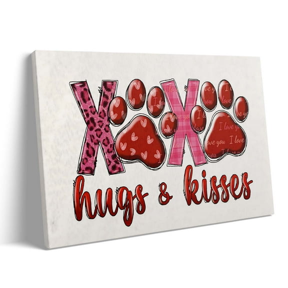 P&L Art Framed Canvas Wall Art - 20"x16" Whimsical Valentine XOXO Hugs & Kisses Paw Print Wall Art