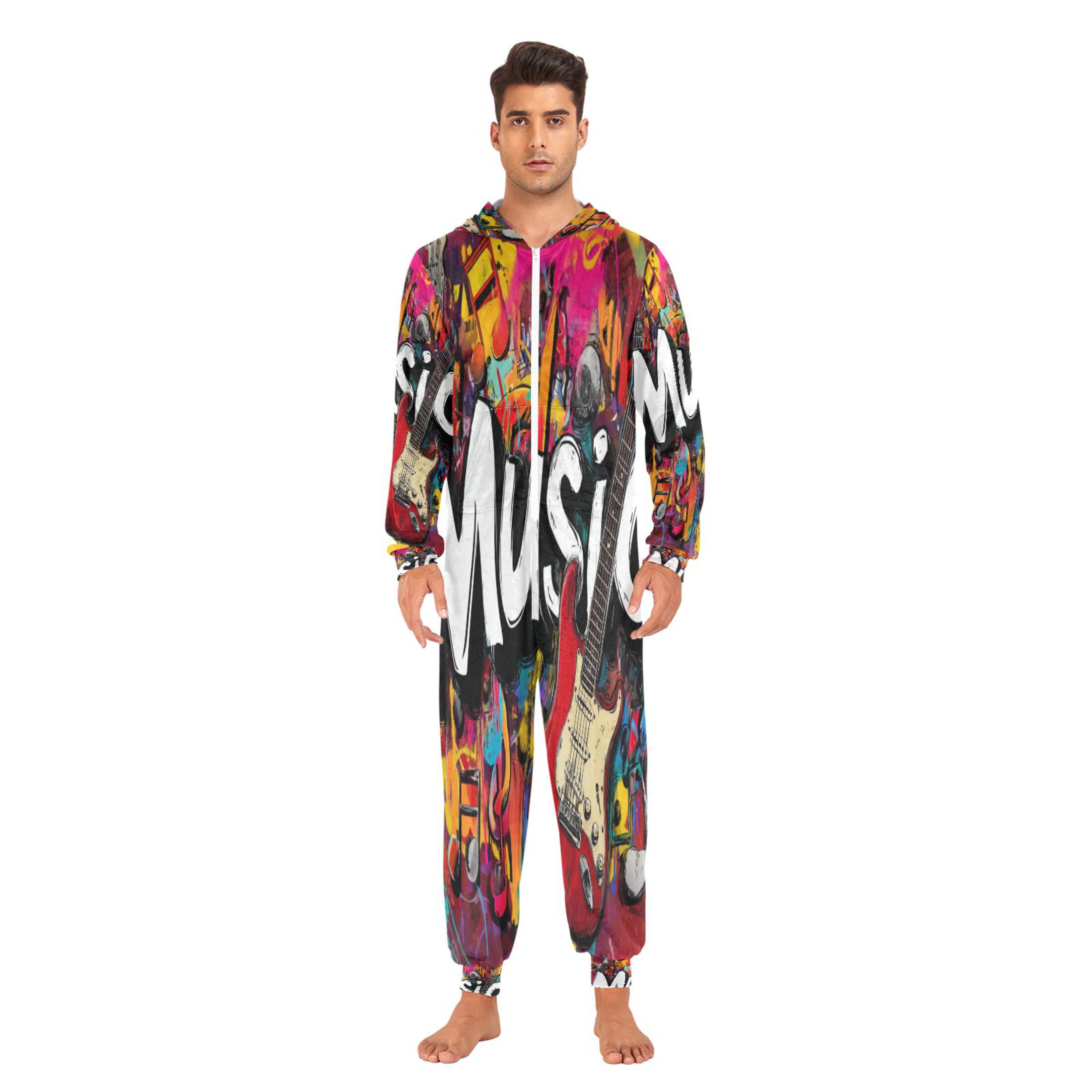 IAUYY Unisex Adult Onesie Pajamas Ultra-Soft Crystal-Soft Fabric, Halloween Adult Onesie Pajamas Adults,With a Zipper Plus Size Onesie Pajamas, Music Poster