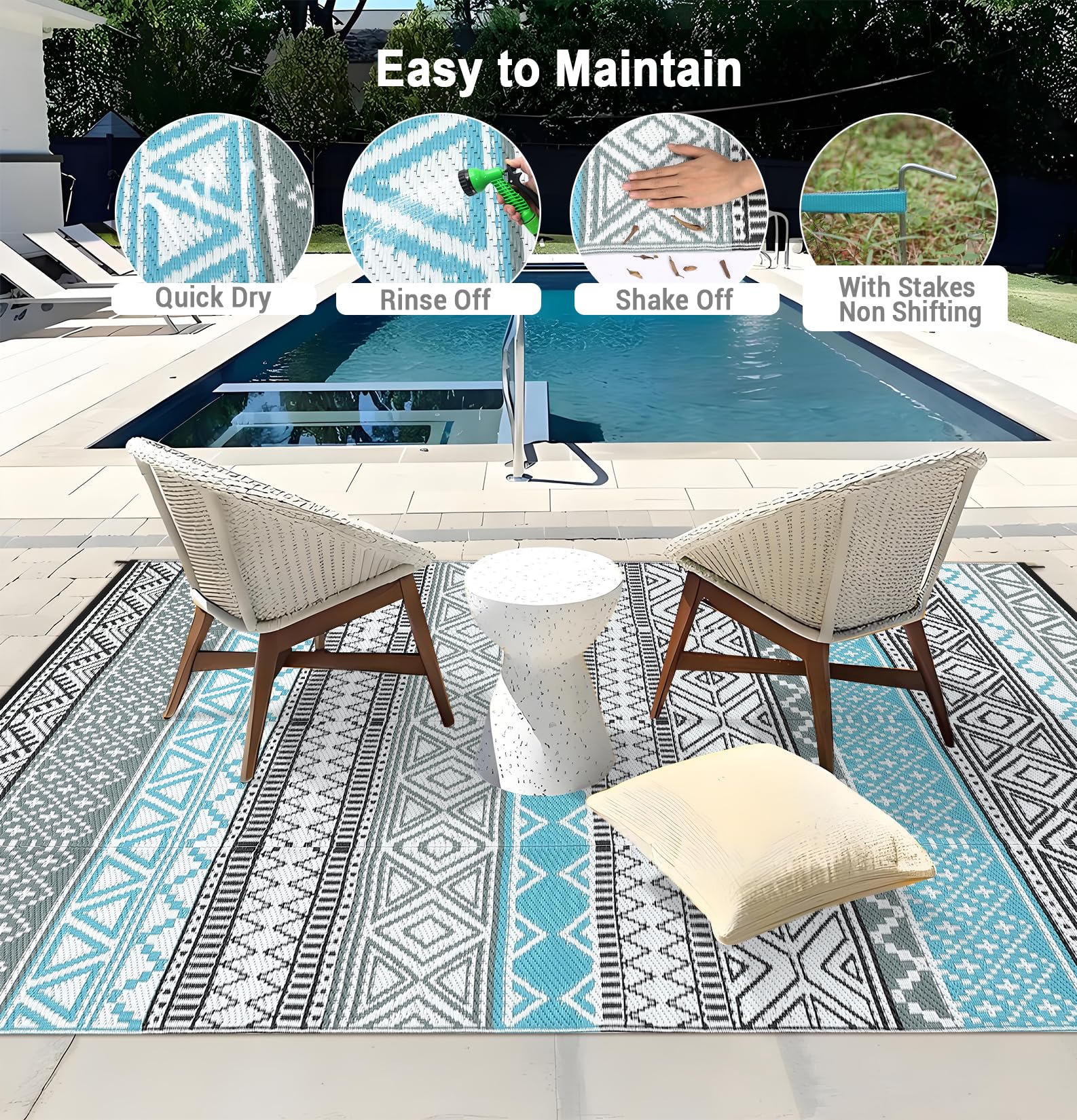 Waterproof & Reversible Outdoor Rug – Durable Patio Carpet for Camping, RV, Deck, Picnic, Porch, Backyard – Lightweight, UV & mark Resistant