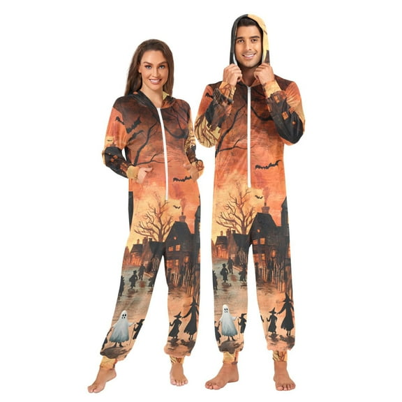 Halloween Horror Adult onesie Pajamas, Crystal Velvet Ultra Soft Warm Jumpsuit for Men and Women