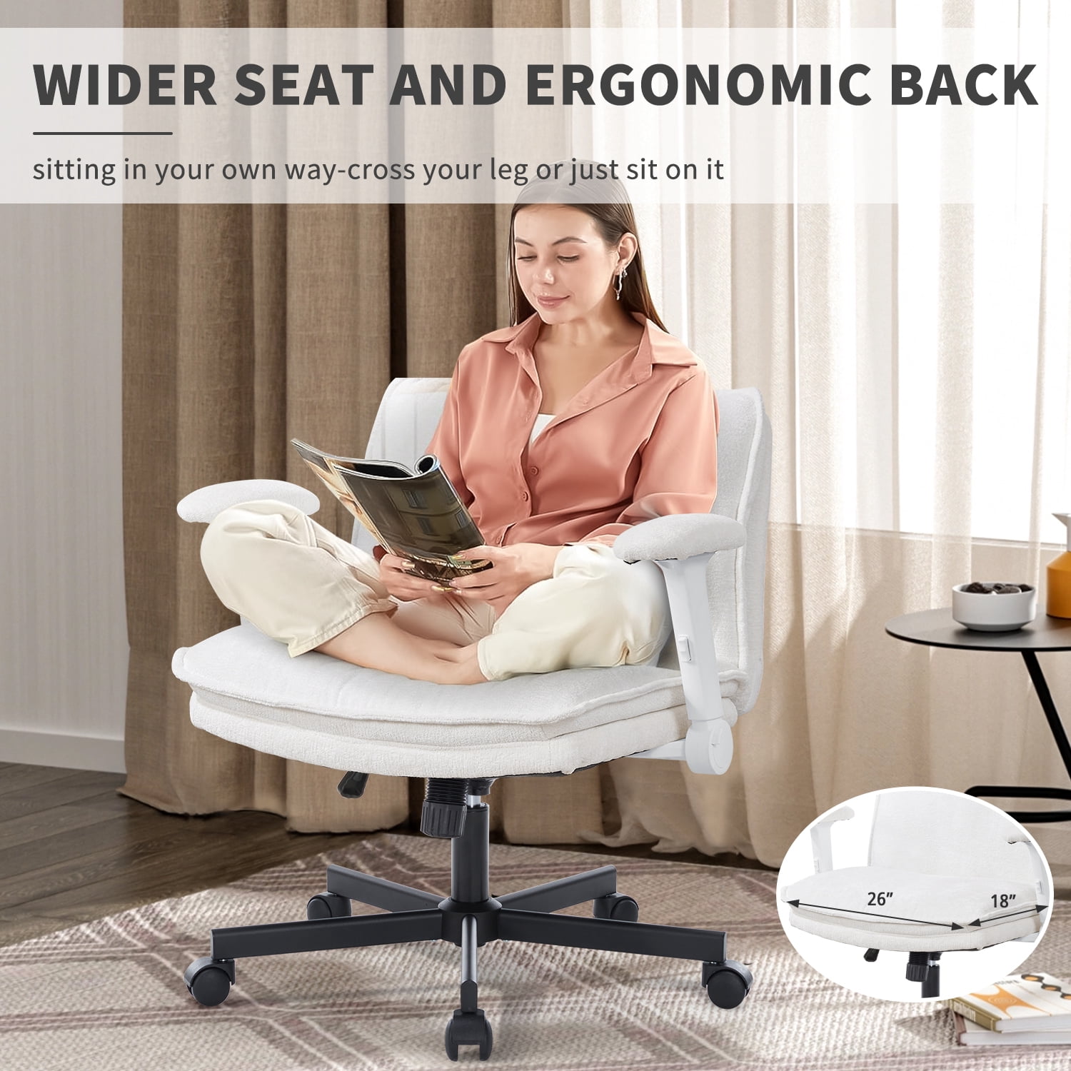 Criss Cross Chair with Wheels and Adjustable Flip-Arms, Cross Legged Office Chair with Thick Cushion, Wide Makeup Vanity Chair, Comfy Swivel Desk Chair for Home Office, Apartment, Bedroom, Beige