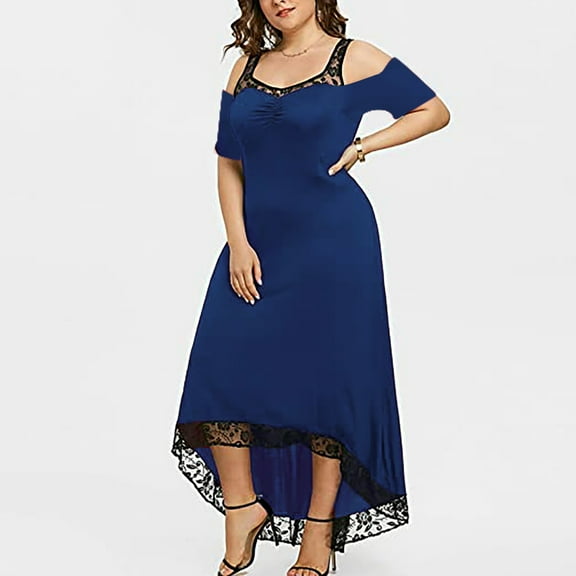 Idoravan Womens Plus Size Casual Dresses Fashion Women Plus Size Sexy Short Sleeve Solid Lace Strapless Maxi Dress
