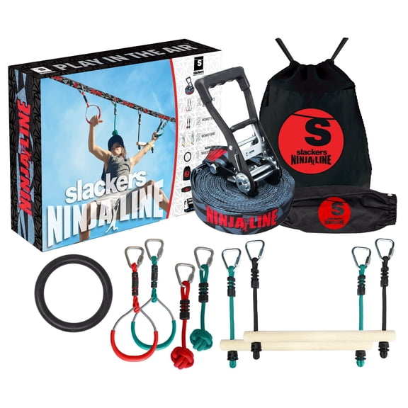 Slackers 36 foot Ninjaline Kit with 7 Hanging Obstacles, The Ultimate Backyard Adventure Course and Customizable Jungle Gym!