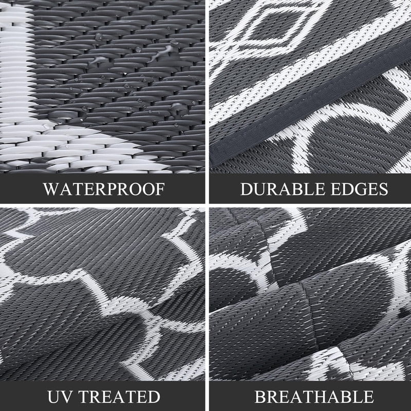 Towallmark 10x14 Outdoor Rug Waterproof, Reversible Plastic Straw Patio Mat, Large Camping Rugs for RV Backyard Deck, All Weather Outside Carpet for Balcony Picnic, Grey&White