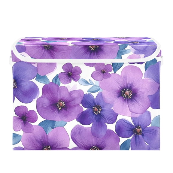 Purple Flower Hand Painted Watercolor Large Storage Bins with Linen Collapsible Lid Storage Box 16.7 x 12.6 x 11.8in