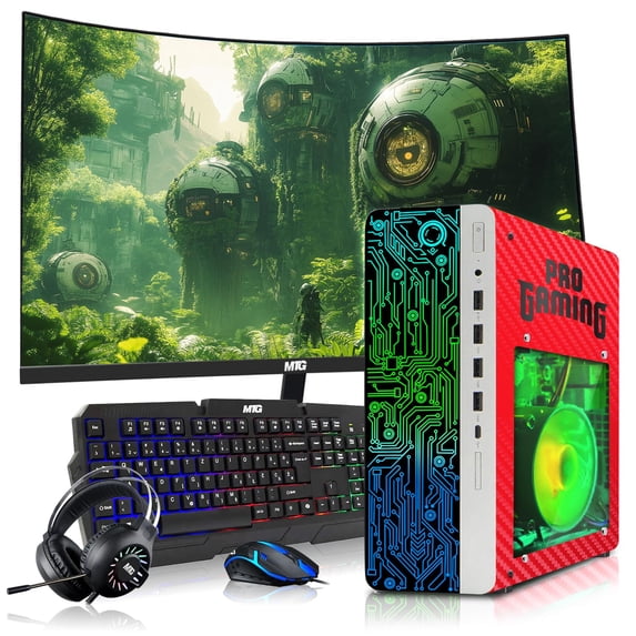 Restored HP G4 Gaming Desktop Computer PC Carbon Red Intel i5,16GB RAM,256GB SSD OS + 2x500GB HDD,27 Inch Curve Monitor,GT 730 Graphics,RGB KBM with AI Copilot,WiFi,RGB Headphone,Windows 11