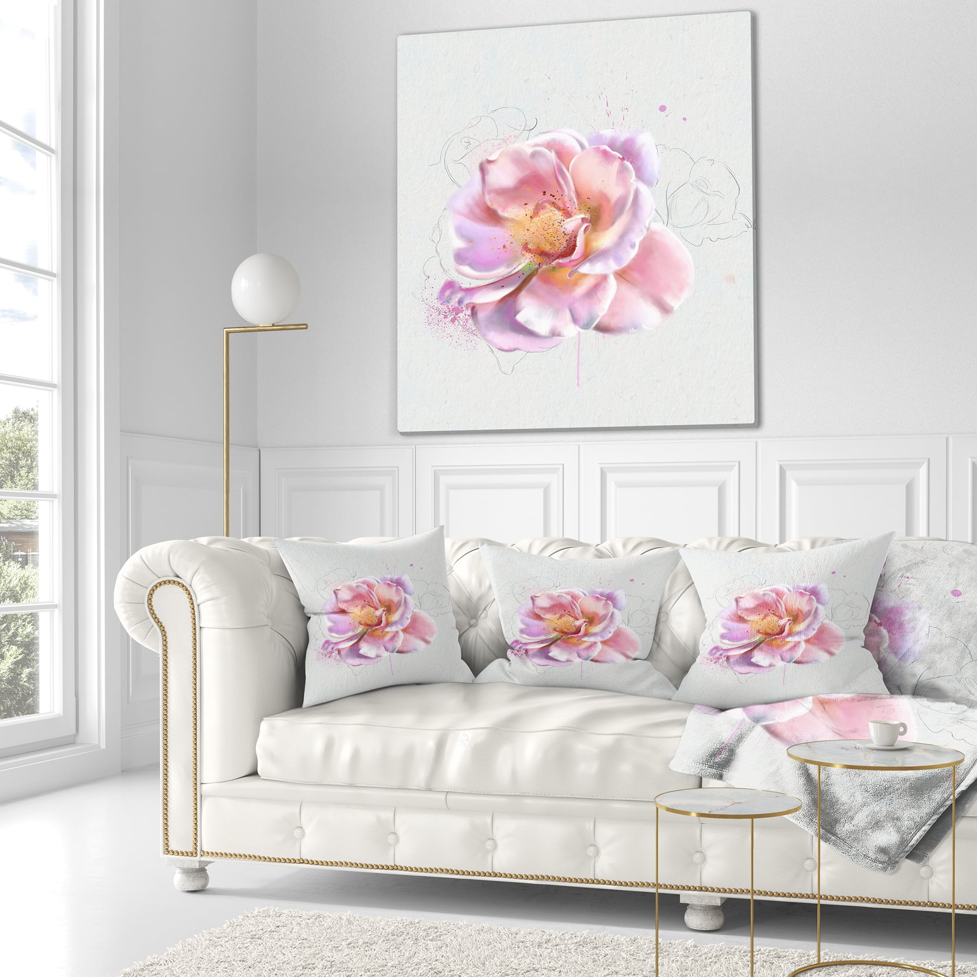 Designart Cute Watercolor Pink Rose Sketch - Flowers Throw Pillowwork - 18x18