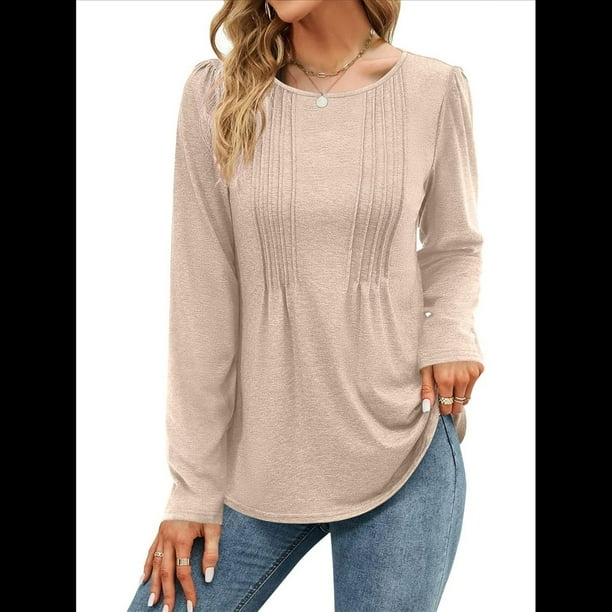 Blusa Tipo Túnica Plisada de Larga Abullonada para Mujer, Cuello Redondo, Estilo Elegante, Informal, Holgada, para Verano Crema XL