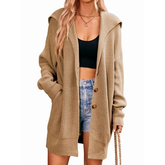 Women'S Solid Color Long-Sleeved Lapel Pocket Cardigan Three-Button Mid-Length Sweater Coat Khaki S