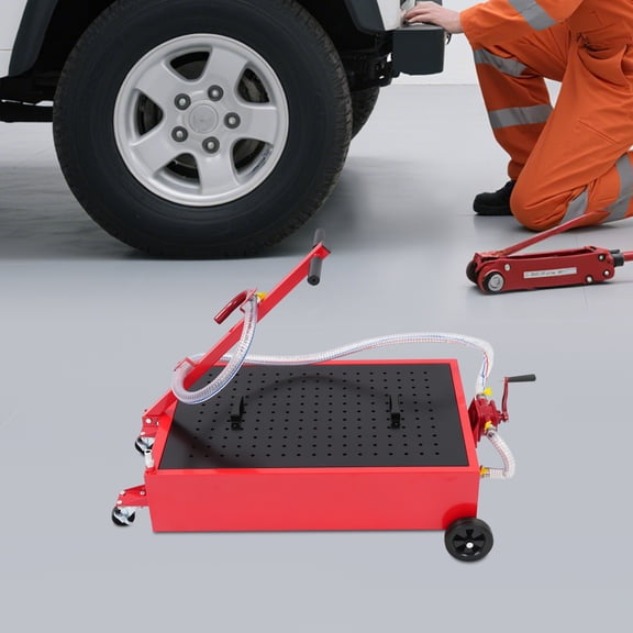 20 Gallon Oil Drain Pan,Large Capacity Oil Change Pan,75.7L Low Profile Oil Drain Pan,Oil Change Pan with T Foldable Hand and Wheels,7.2FT Hose Oil Drain Cart for Car,SUV,Trucks