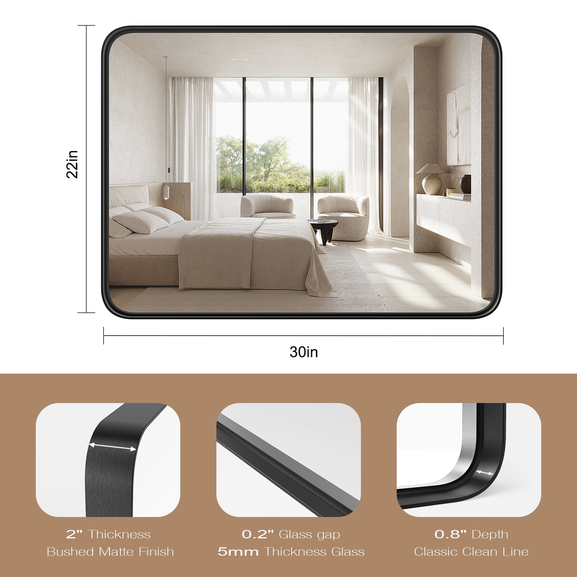 EDX Bathroom Mirror 30"x 22" Wall Mirror with Rectangular Metal Frame, Black