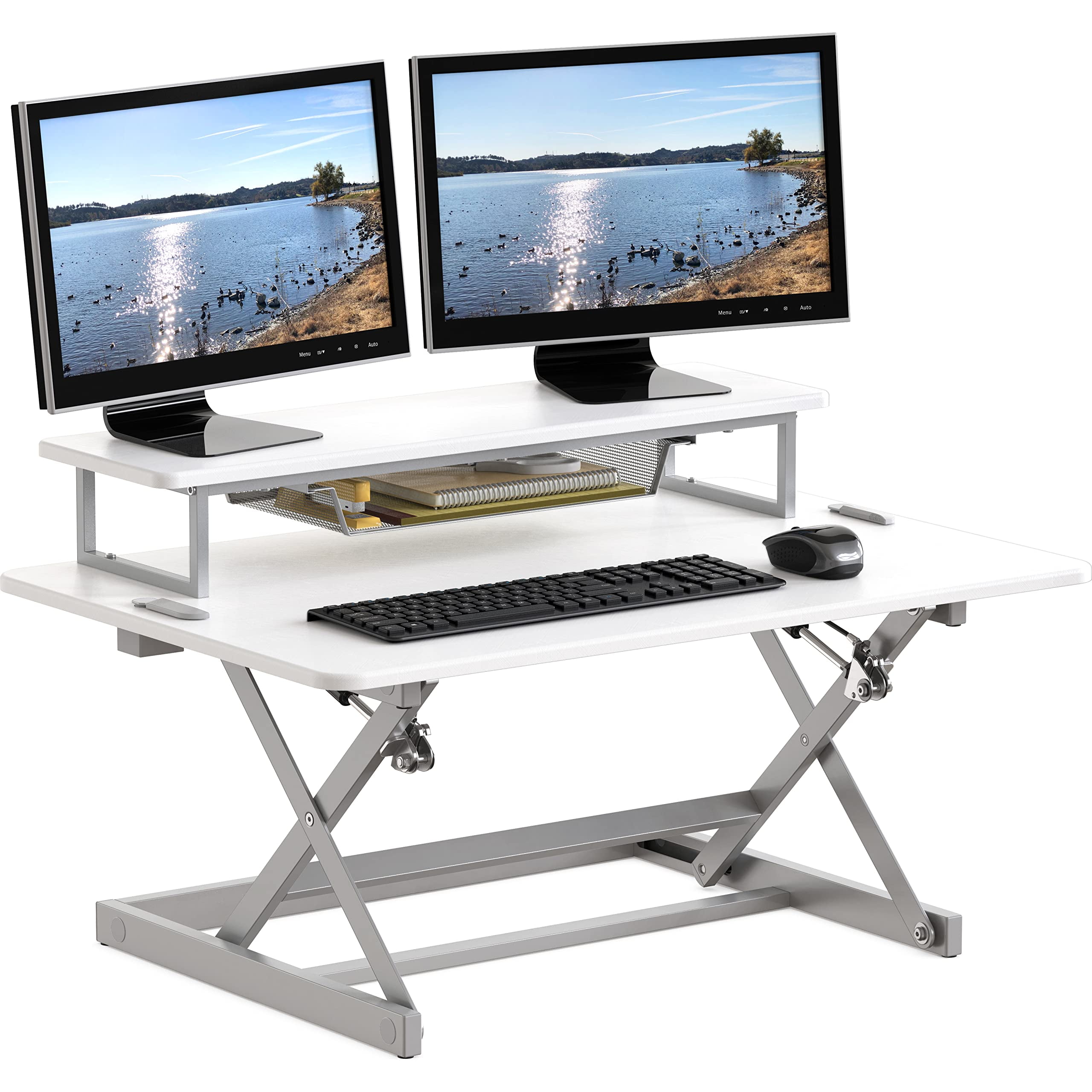 SHW 36Inch Over Desk Height Adjustable Standing Desk With Monitor Riser, White