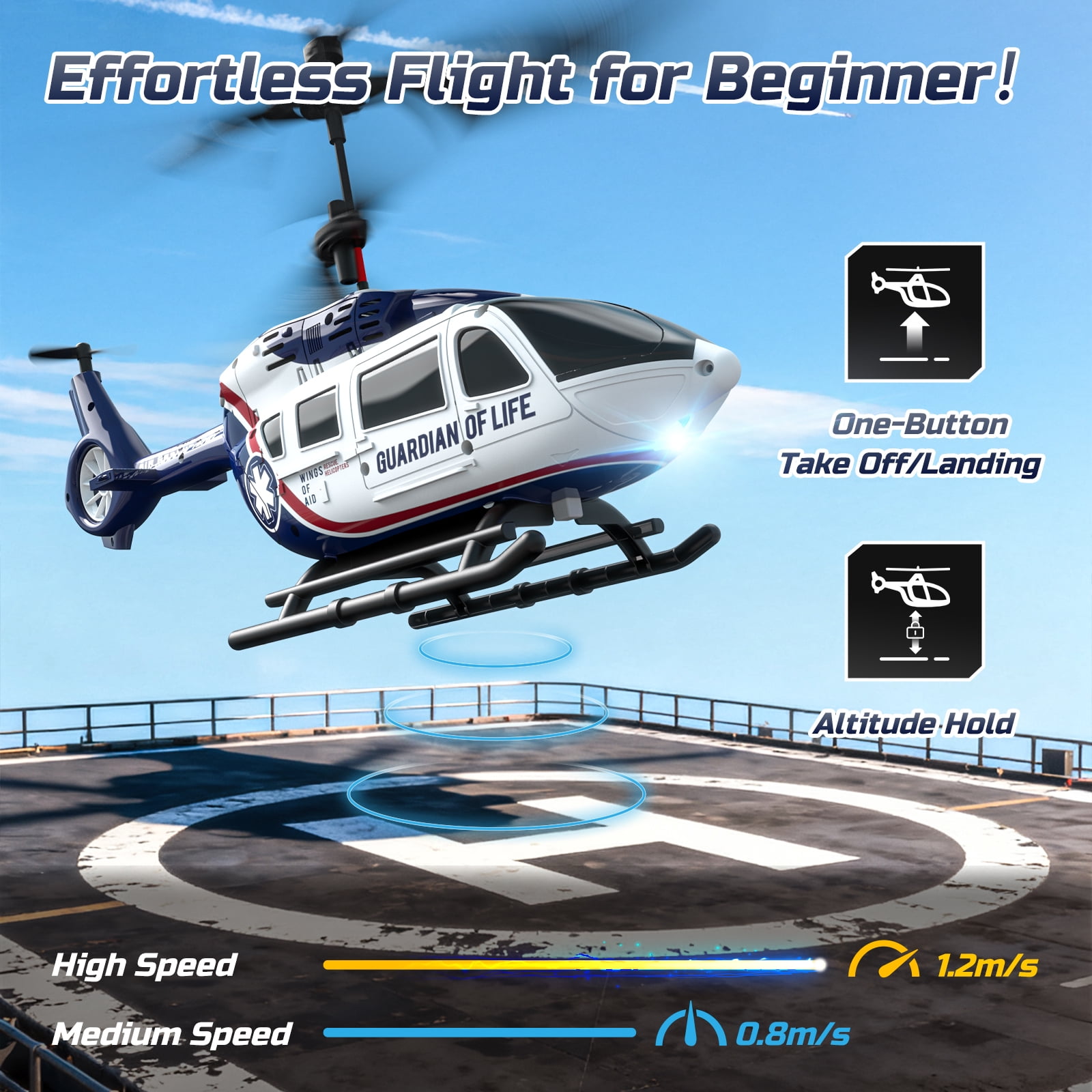 DEERC RC Helicopter for Adults,Rescue Remote Control Helicopter for Kids 8-12, Toy Helicopters RC with LED Lights, 2 Batteries, Altitude Hold, 2.4GHz Military Style for Indoor, Ideal for Birthday